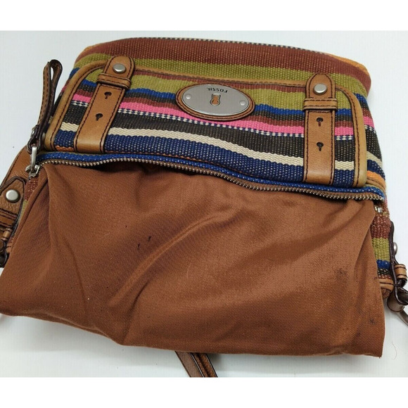 Fossil Maddox Multicolor Canvas Stripes Logo Pockets Zipper Crossbody Bag - Picture 12 of 14